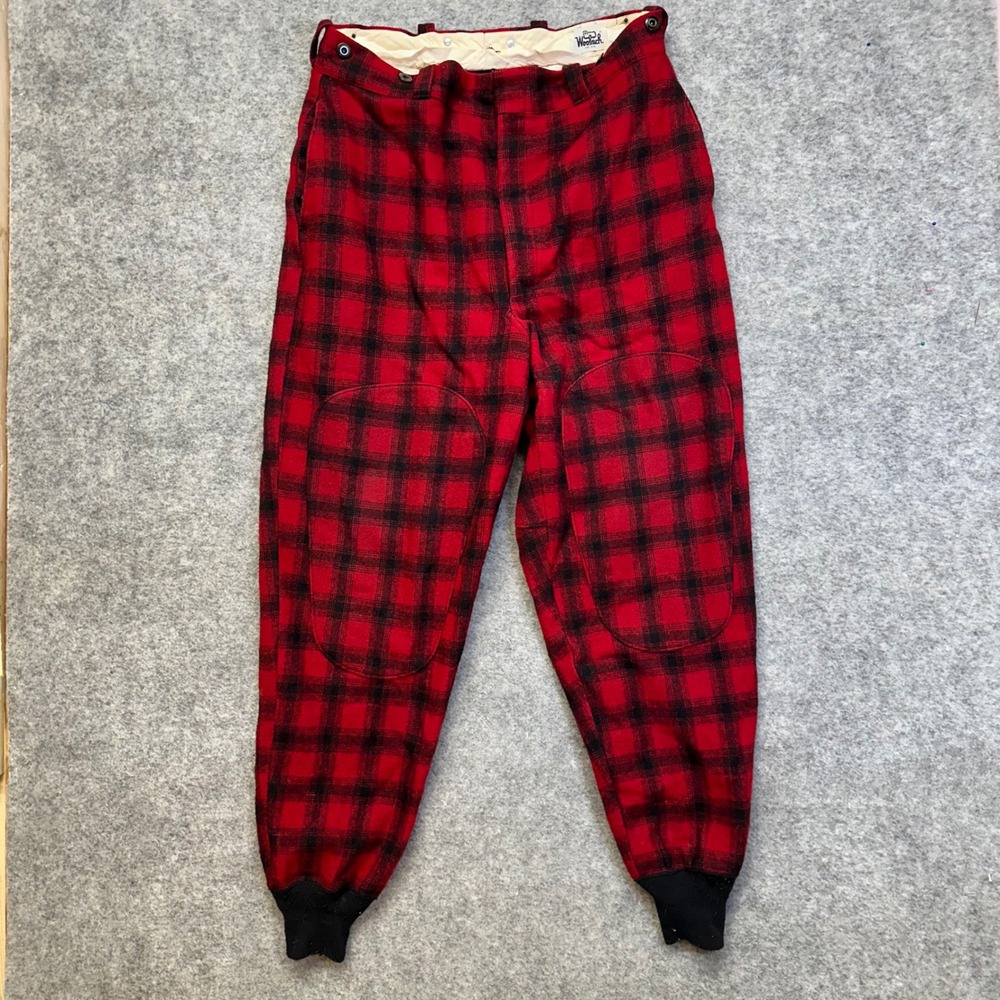 Vintage Woolrich Hunting Pants Men 33x30 Red Black Buffalo Plaid Wool Cuffs